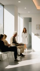 Fototapeta premium Doctor welcoming diverse patients in clinic waiting room