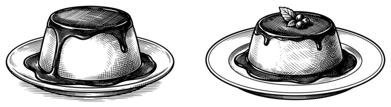 Caramel pudding and flan dessert on plates in detailed sketch style