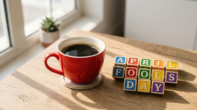 Colorful wooden blocks spelling april fools day next to a red coffee cup