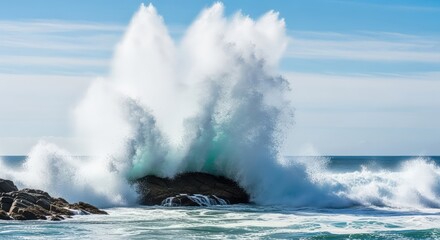 Naklejka premium A powerful ocean wave explodes against jagged coastal rocks under a bright blue sky, creating a dramatic spray of white sea foam and mist, sky, daylight, power