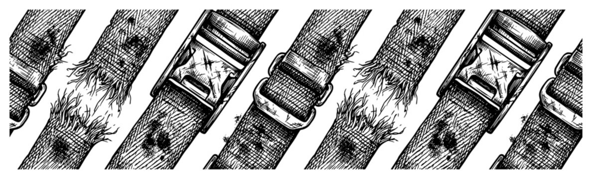 Torn seatbelts with buckles and frayed edges in detailed hatching style