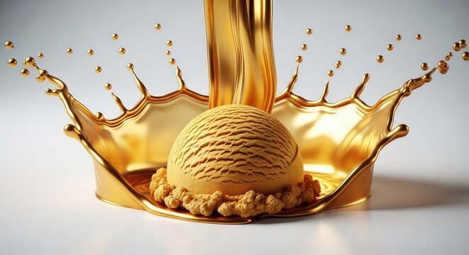 A scoop of decadent golden ice cream sits elegantly while a dynamic splash of liquid gold creates a shimmering backdrop in a studio, shimmer, food, decadent