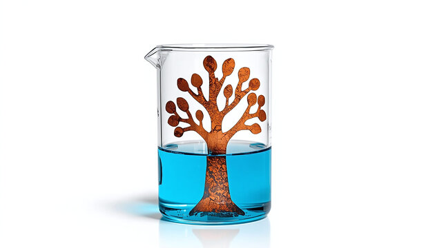 Copper tree &ndash; a plain glass beaker with blue copper sulfate solution, a zinc metal &ldquo;tree&rdquo; covered with reddish‑brown copper crystals growing in a dendritic pattern, single displacement reaction