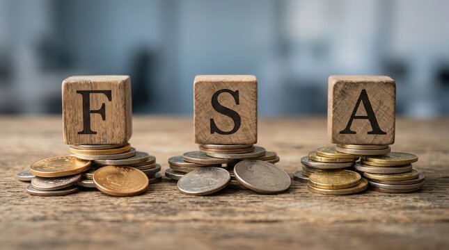Fsa letters on wooden blocks on stacks of coins