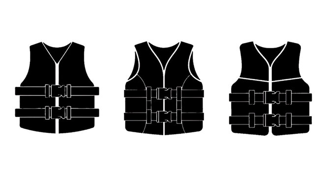 Minimal black silhouette icon, simple flat vector, bold black shape, no, no shading set of three black life jackets with buckles on a, flat icon style