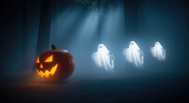 A vibrant orange jack-o-lantern rolling through a dark foggy forest at night while chasing three glowing white sheet ghosts in the mist, supernatural, whimsical, mist