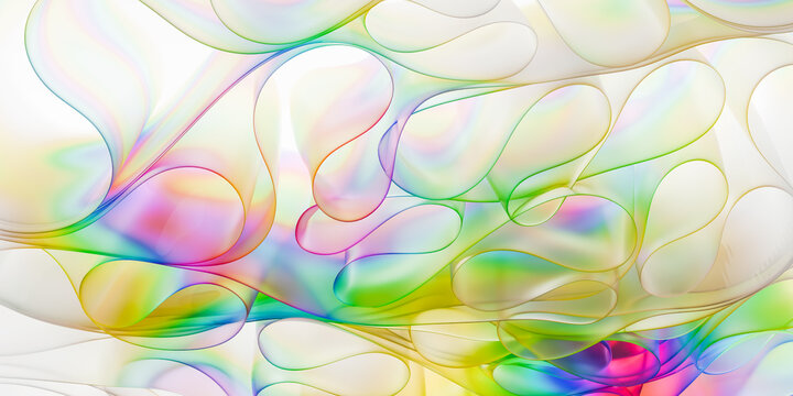 Abstract background of partly colored layered glass elements with a play of colors. Iridescence, Rainbow colors - 3d render