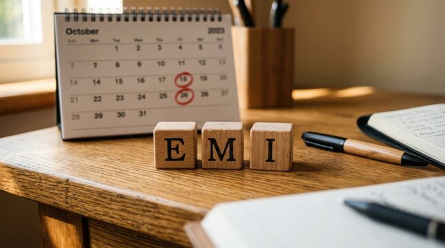 Emi concept with wooden blocks and calendar on office desk