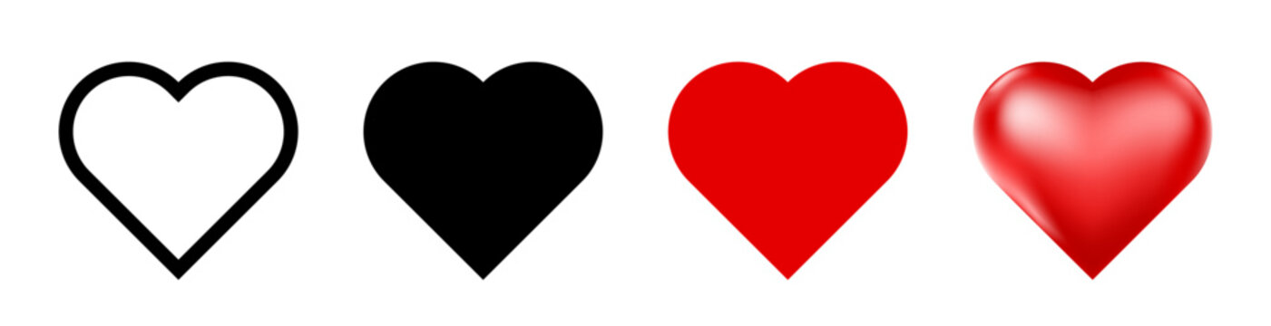 Heart icon Set, Black And Red Love Heart icons in Line, Solid and 3D Shiny Styles. Vector illustration 