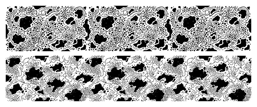 Organic cell pattern banners with wavy lines and stippled texture monochrome style