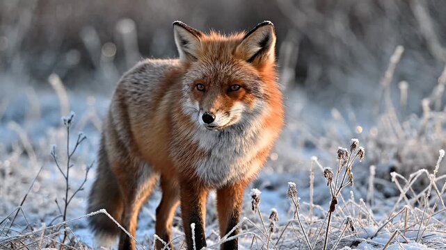 Alert red fox in winter field wildlife portrait in natural habitat