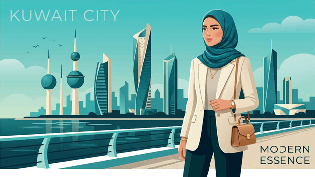 Kuwait City, modern Middle Eastern woman, cityscape, skyline