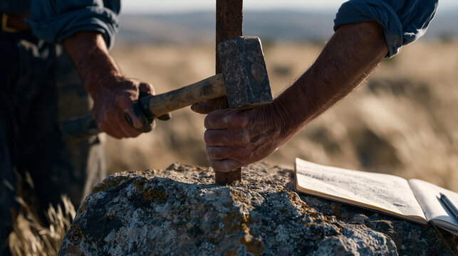 Close-up hands securing a conservation easement boundary marker with mallet, rubber grips worn, field notebook open on nearby rock showing GPS coordinates and acreage calculations, dry summer grass 