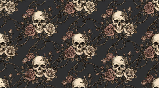 Seamless pattern of human skulls and roses on dark background eerie floral design with white bones and pink flowers