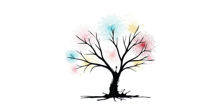 Artistic silhouette of a tree featuring vibrant colorful firework style flower bursts and paint splatters against a white backdrop.