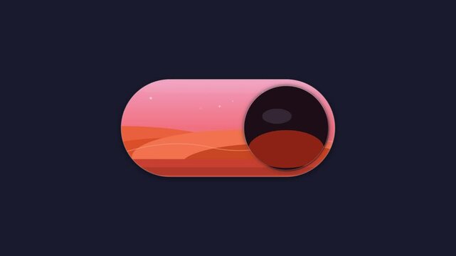 High quality 4K animation of a minimalist UI toggle switch sliding to transition from a dark night scene with a moon to a bright desert landscape at sunset for web design.