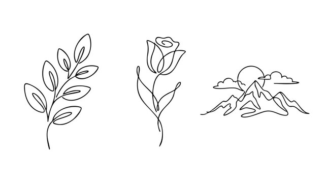 Three Minimal Continuous Line Botanical Illustrations Set, Leaf Branch, Flower, and Mountain Sun Landscape, Monoline Vector Art Composition on White Background