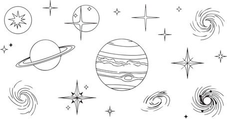 Black and white line art planets and stars © 2h.designer07