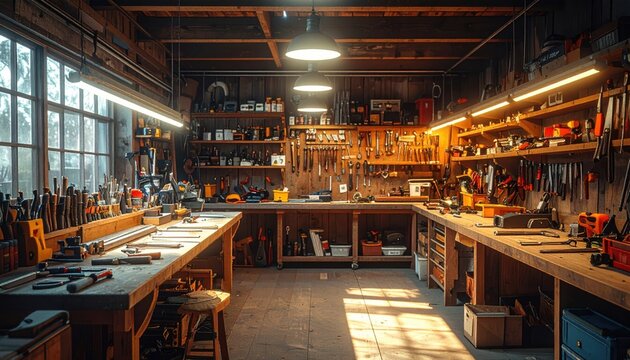 A fully stocked woodworking and metalworking workshop with organized tools and equipment, bathed in warm light.