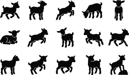 Fototapeta premium Baby Goat and Lamb Silhouette Icons Set with Playful Little Kid Vectors