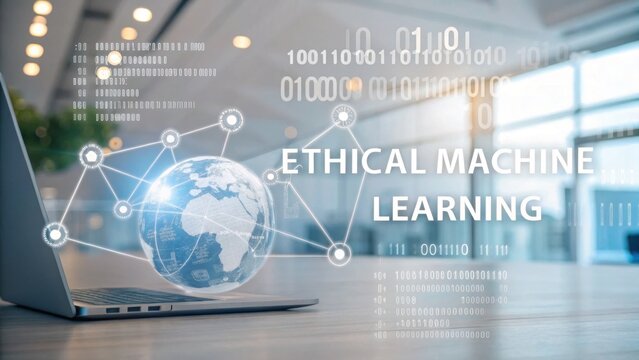 Ethical machine learning concept with digital globe and binary code on laptop screen in modern office