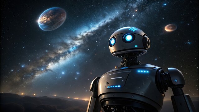 Futuristic robot gazing at starry galaxy with planets in background, evoking wonder