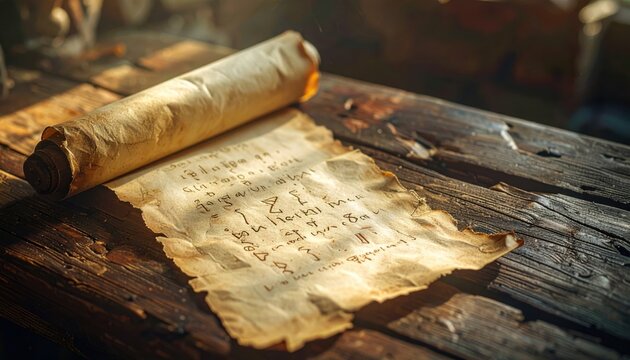 Ancient weathered vellum scroll with faded Anglo-Saxon runes partially unfurled on a rustic wooden surface