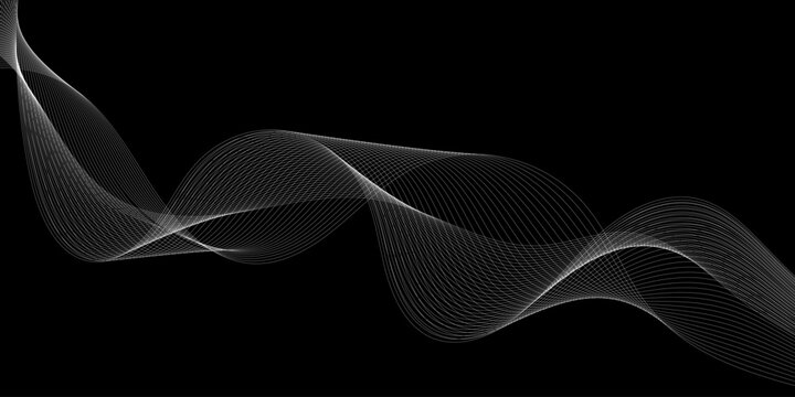 Abstract white flowing wave lines pattern on black background