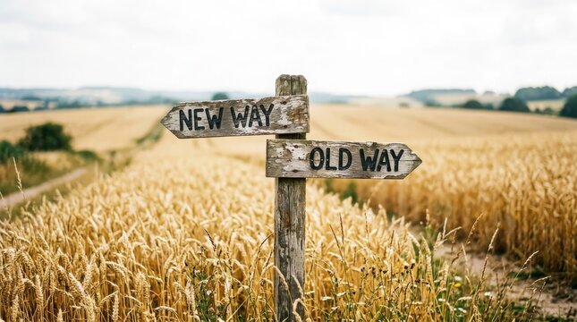 Wooden signpost in a wheat field with arrows pointing to new way and old way