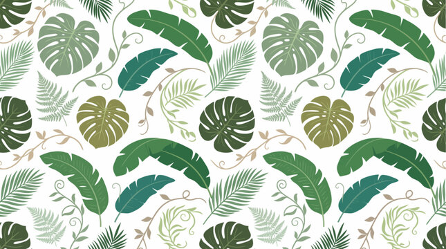 Seamless repeating pattern of lush tropical monstera and banana leaves with delicate ferns on a white background for interior wallpaper textile design
