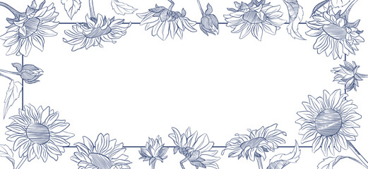 Sunflower floral frame with hand drawn outline summer flowers. Botanical vector illustration for banner, greeting card, poster and seasonal design © Gulsim