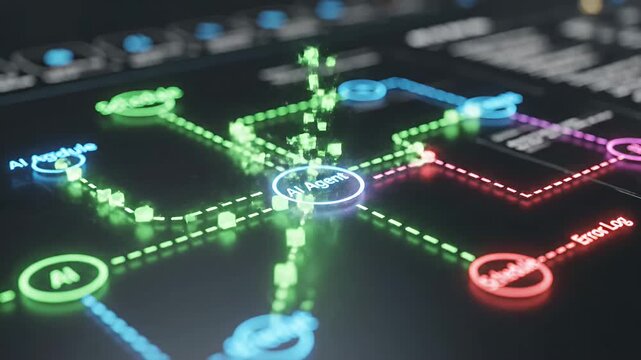 Abstract digital network with nodes and data flow visualization