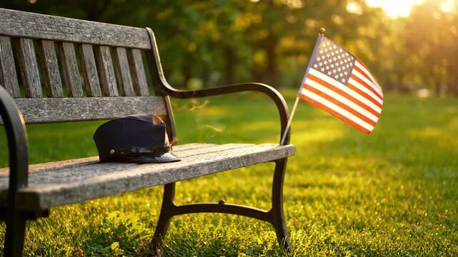 Cinematic 4K Slow Motion of a Military Cap and American Flag on a Park Bench at Sunset during 4th of July Celebration