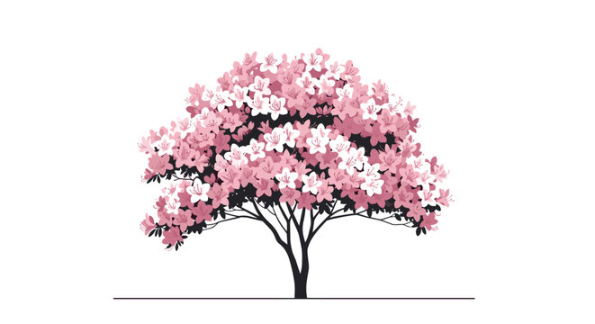 Beautiful azalea tree illustration featuring a dense canopy of vibrant pink and white blossoms against a white background.