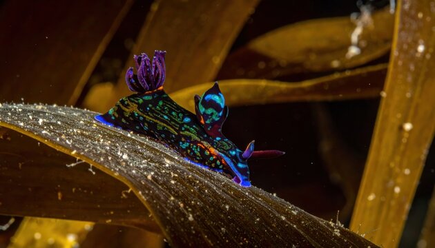 Vibrant jewel-toned nudibranch slowly crawls across a kelp frond in a captivating underwater scene