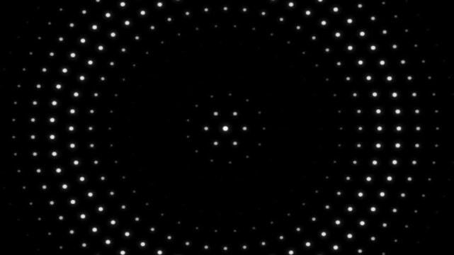 Radial Halftone Pulse Animation: Seamless Looping Sonar Ping Dot Grid on Black Background, Glowing White Concentric Rings Heartbeat Wave Effect Motion Graphics