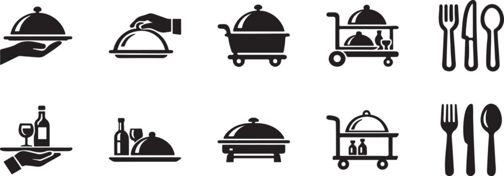 Catering restaurant service, cutlery and food delivery vector icon set, EPS.