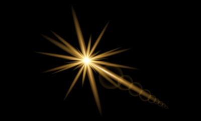 Fototapeta premium Golden lens flare with bright starburst effect, glowing sun light flash on black background, sparkling yellow star burst vector illustration