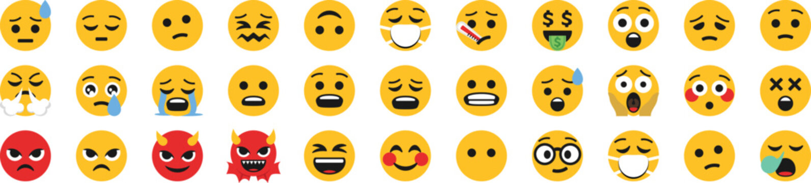 Set of yellow emoji faces expressing happy, sad, angry, surprised and playful emotions isolated on white background. Cute cartoon emoticons for chat apps, social media reactions, messaging, stickers a