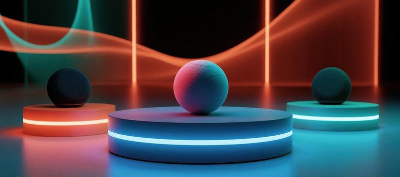 Sports lab tabletop with unbranded sensors and plain ball under abstract neon light patterns