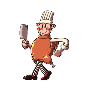 Cheerful cartoon butcher character wearing roasted chicken costume, confidently walking with cleaver, vintage comic style full of humor and flavor.