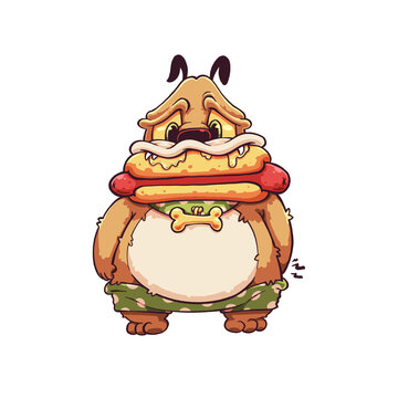 Funny chubby cartoon dog character stuffed with hotdog snack, drooling happily while wearing shorts and wobbling with goofy retro energy.