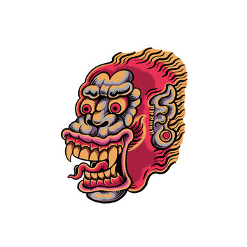 Traditional Asian-style red monkey demon head vector illustration, featuring fierce fangs, open mouth, and flaming hair, ideal for streetwear merchandise, tattoos, cultural concepts, and gaming mascot