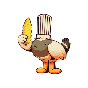 Cute cartoon duck chef character proudly holding crispy corn, wearing a tall kitchen hat with charming retro foodie style.