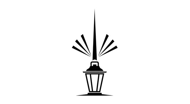 Minimalist black and white graphic icon of an outdoor lantern with upward light rays. Simple illumination symbol for design.