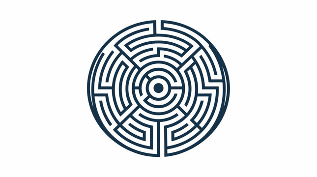 Elegant dark blue circular maze or labyrinth illustration, symbolizing challenge, solution, strategy, and problem-solving journey.
