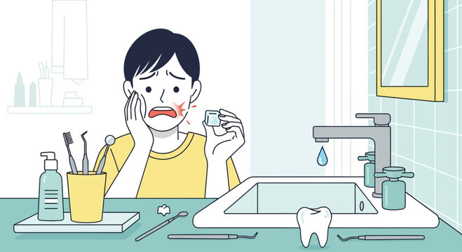 Young Man Suffering from Toothache & Holding Broken Tooth in Bathroom