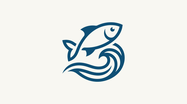Elegant blue fish jumping out of a stylized ocean wave graphic. Simple aquatic illustration for marine and seafood themes.