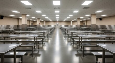 Fototapeta premium An uninhabited institutional mess hall displays symmetrical rows of stainless steel tables and benches across a polished concrete floor, security, functional, symmetry