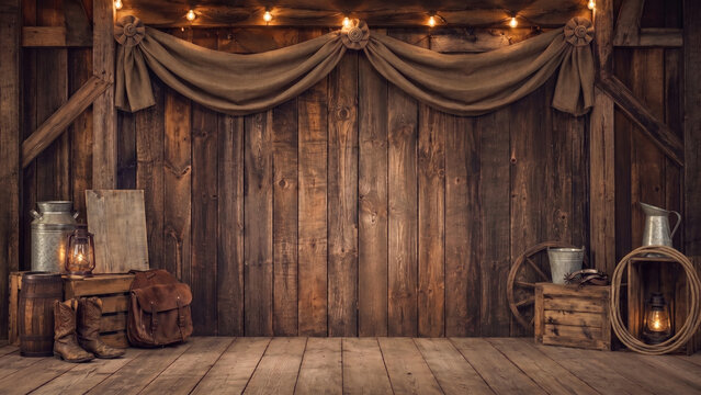 Old West studio backdrop with rustic wood wall, draped fabric, lanterns, boots, rope, wagon wheel and vintage props, leaving open center space for photography composites.